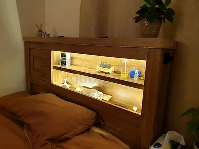2 Wooden headboard with built-in shelves and LED lighting with mattress125×200 with two sides cabine