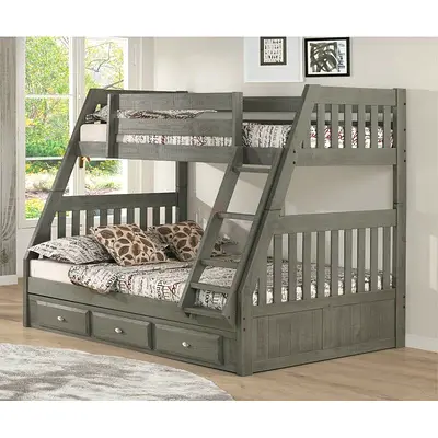 Grey wooden twin-over-full bunk bed with 3 under-drawer storage