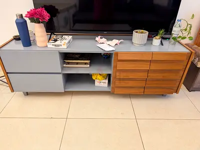 Mid-century wood  grey TV console — entertainment center, good condition