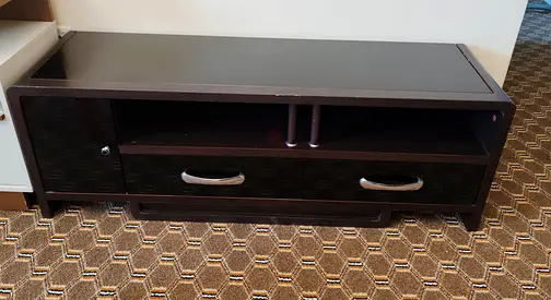 Dark brown TV stand / entertainment unit with drawers and open shelf