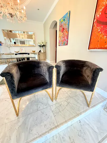 Pair of Charcoal Velvet Barrel Armchairs with Gold Metal Frame