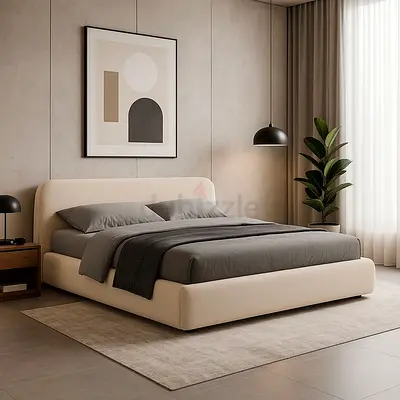 My beige upholstered platform bed