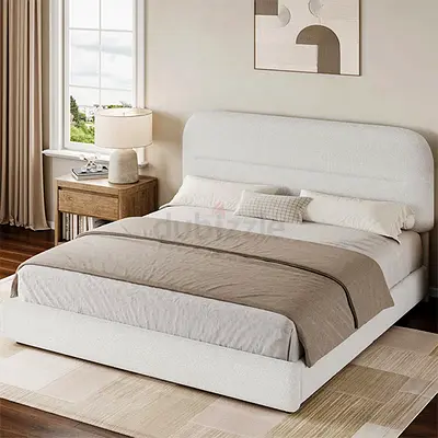 White Upholstered Bed Frame with Rounded Headboard
