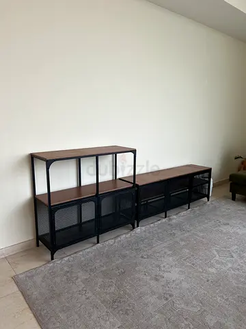 My IKEA industrial metal-mesh TV console + shelving unit with wood top