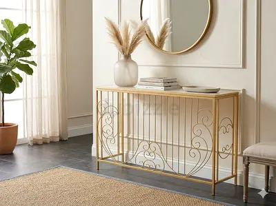 Gold metal console table with marble top - narrow hallway/entry table