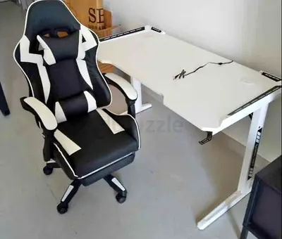 Black  White Gaming Chair with White Computer Desk