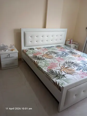 Stylish White Bed with Mattress and Nightstands