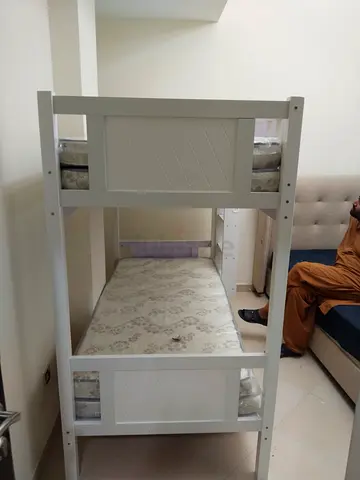 White Wooden Twin Bunk Bed - Solid Frame, Good Condition