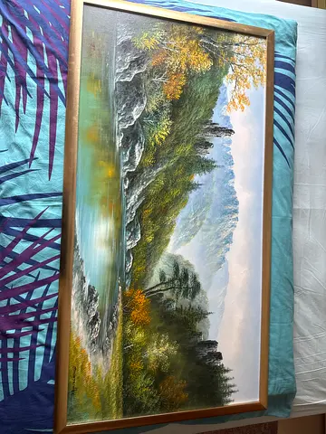 Framed Mountain Lake Landscape Painting