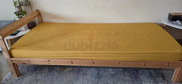 My solid pine single bed frame with mattress — used, good condition