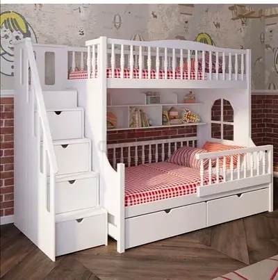 Wooden bunk bed with staircase storage and under-drawers