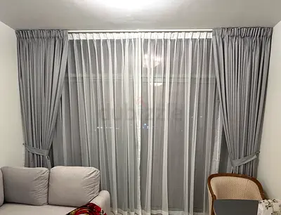 Grey curtains with white sheer voile — ready to hang, gently used