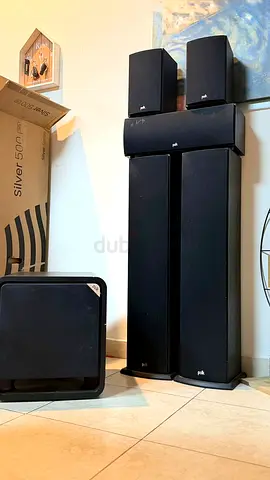 Polk AudioBlack Floor Standing Speakers with Subwoofer. Front XT-50 Centre T-30 Rear T-15 Subwoofer