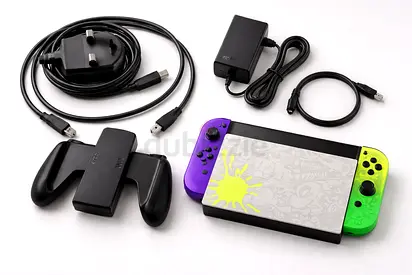 Nintendo Switch (Splatoon Edition) with neon green  purple Joy-Cons and Controller