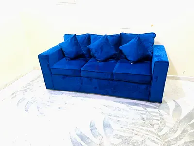 Blue Velvet 3-Seater Sofa with Cushions — Good Condition