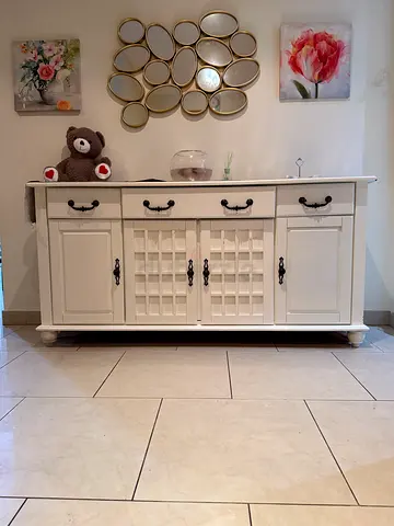 White wooden sideboard cabinet with drawers and lattice doors - good condition