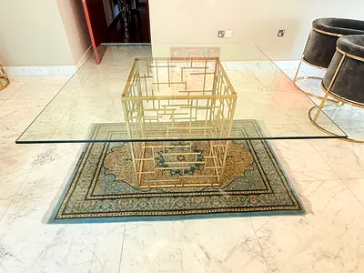 Used Glass Top Coffee Table with Gold Geometric Base
