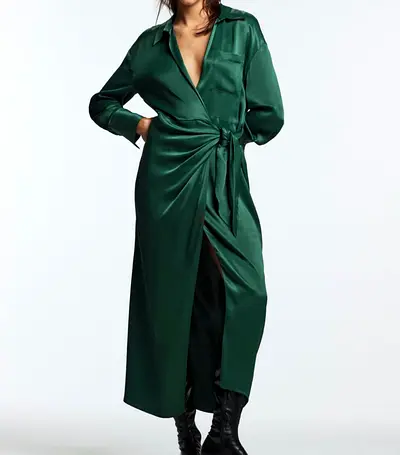 Zara limited edition Emerald green satin wrap dress with tie waist, long sleeves
