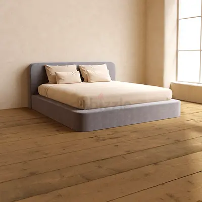 Grey Upholstered Platform Bed with Headboard - Good Condition