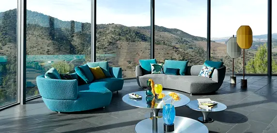x2 set Roche Bobois Digital Curved Sofas in grey and turquoise colours H69 L220 D101 cm