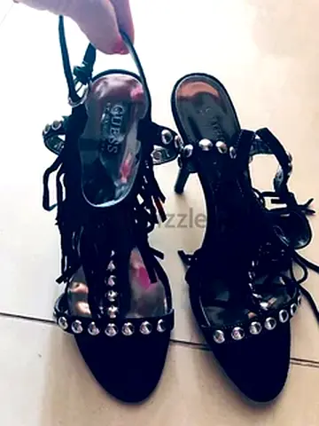 GUESS black studded fringe heeled sandals