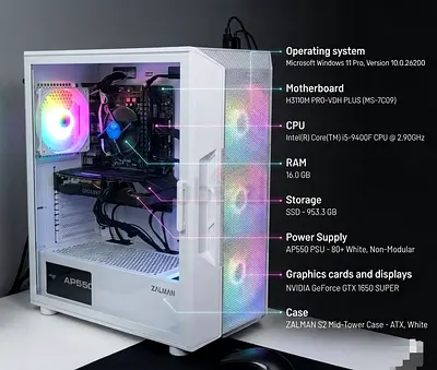 Ready-to-use White Gaming PC — Intel i5-9400F, GTX 1660 SUPER, 16GB RAM, 950GB SSD