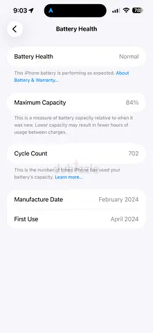 My iPhone — 84% battery health, 702 charge cycles