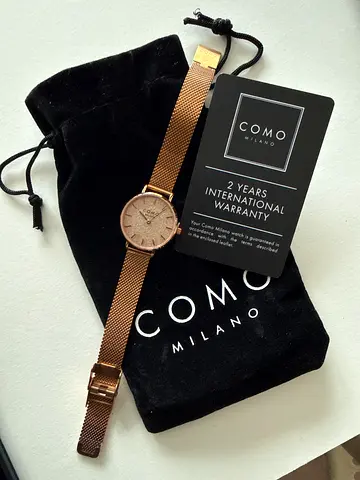Como Milano rose-gold mesh womens watch with pouch and tag