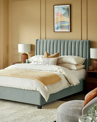 Green King Size velvet upholstered bed with channel-tufted headboard