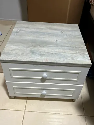 Light wood-top white two-drawer nightstand