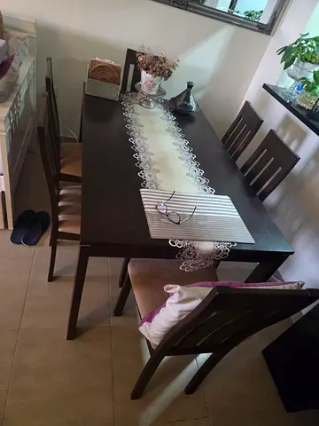 Dark wood 6-seater dining table set — used, good condition