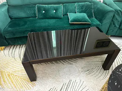 Modern Black Glass Coffee Table with Dark Wood Frame