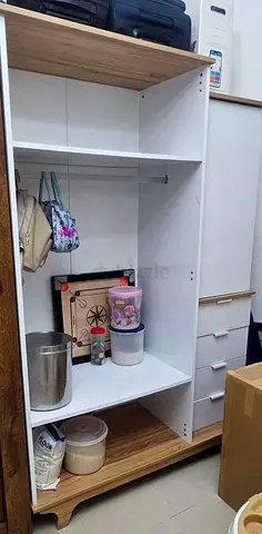 White and oak wardrobe unit with hanging rail and shelves - good condition