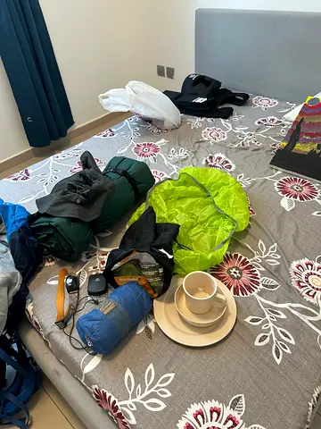 Used camping set — sleeping bag, roll mat, backpack  cookware