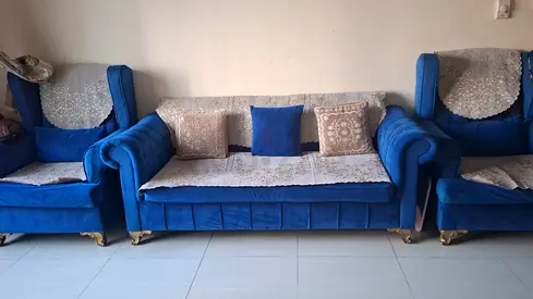 Blue velvet sofa set - 3-seater with two matching armchairs