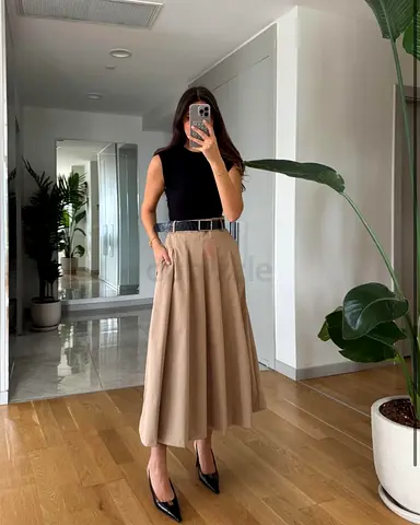 Bloggers Favourite Zara Contrast Midi Dress in Beige  Black With Belt