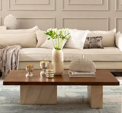 Solid wood top coffee table with stone block legs