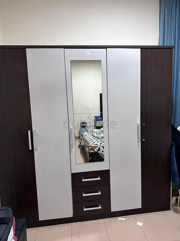 My 3-door wardrobe with mirror and 3 drawers - dark wood  white-210 x 210 x 60 cm