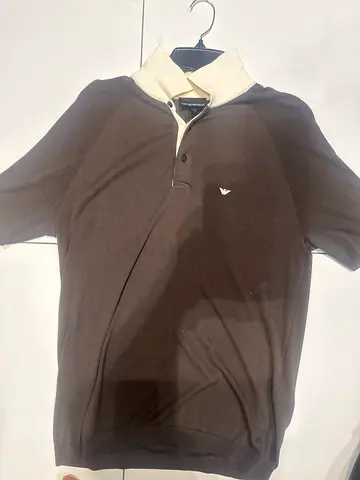 Mens long-sleeve polo Armani shirt, dark brown with white contrast collar