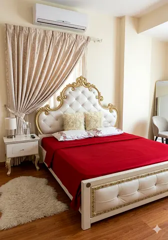 Luxurious Baroque-Style Bedroom Set (Ornate Bed  Matching Vanity with Mirror)