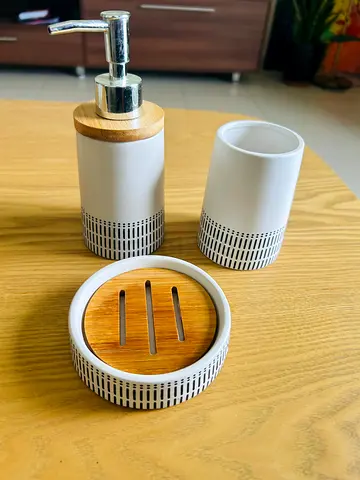My ceramic bathroom set — soap dispenser, tumbler  toothbrush holder