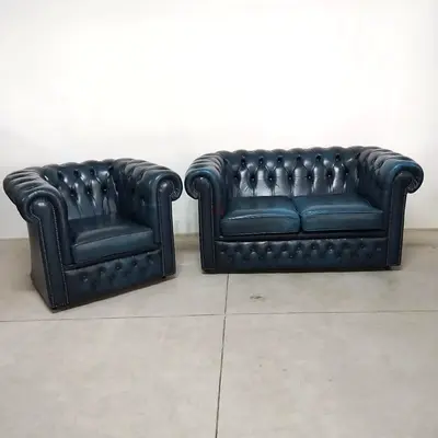 My dark blue Chesterfield leather -seater sofa and armchair set