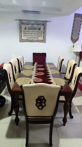Dining table set with 8 upholstered chairs