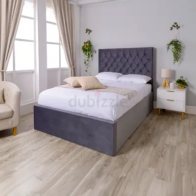 Grey Tufted Upholstered Bedframe — Good Condition