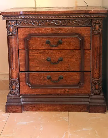 Table, carved solid wood 3-drawer with storage