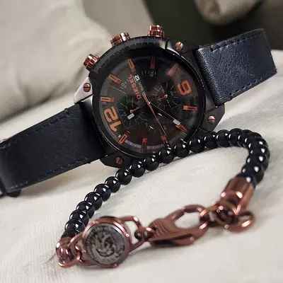 Diesel Black and Rose Gold Mens Watch with Beaded Bracelet