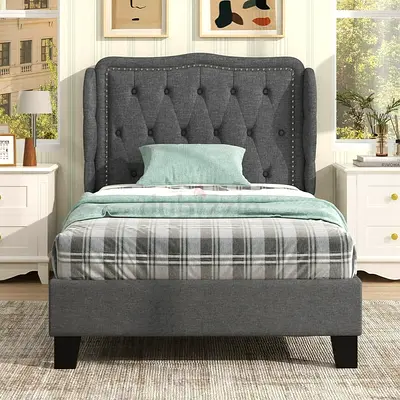 Twin size linen bed with button tufted wingback headboard