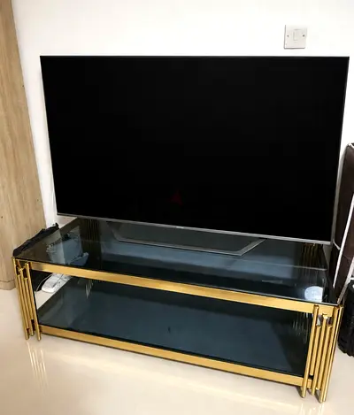 Modern Luxury TV Stand – Black Glass  Gold Frame