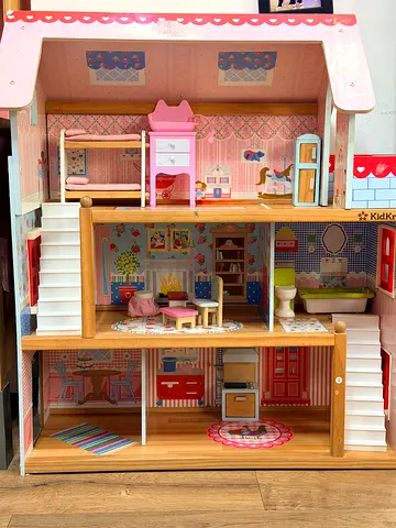 Wooden 3-Story Dollhouse with Furniture - Good Condition