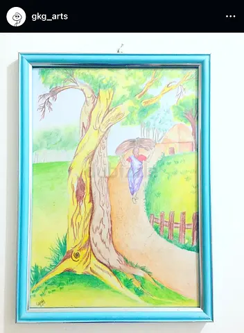 Framed Original Hand-Colored Village Path Drawing